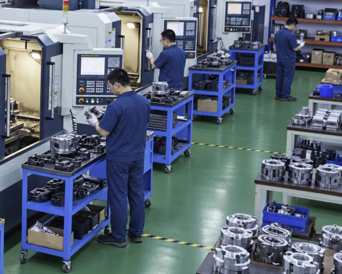 Technicians operating CNC machines